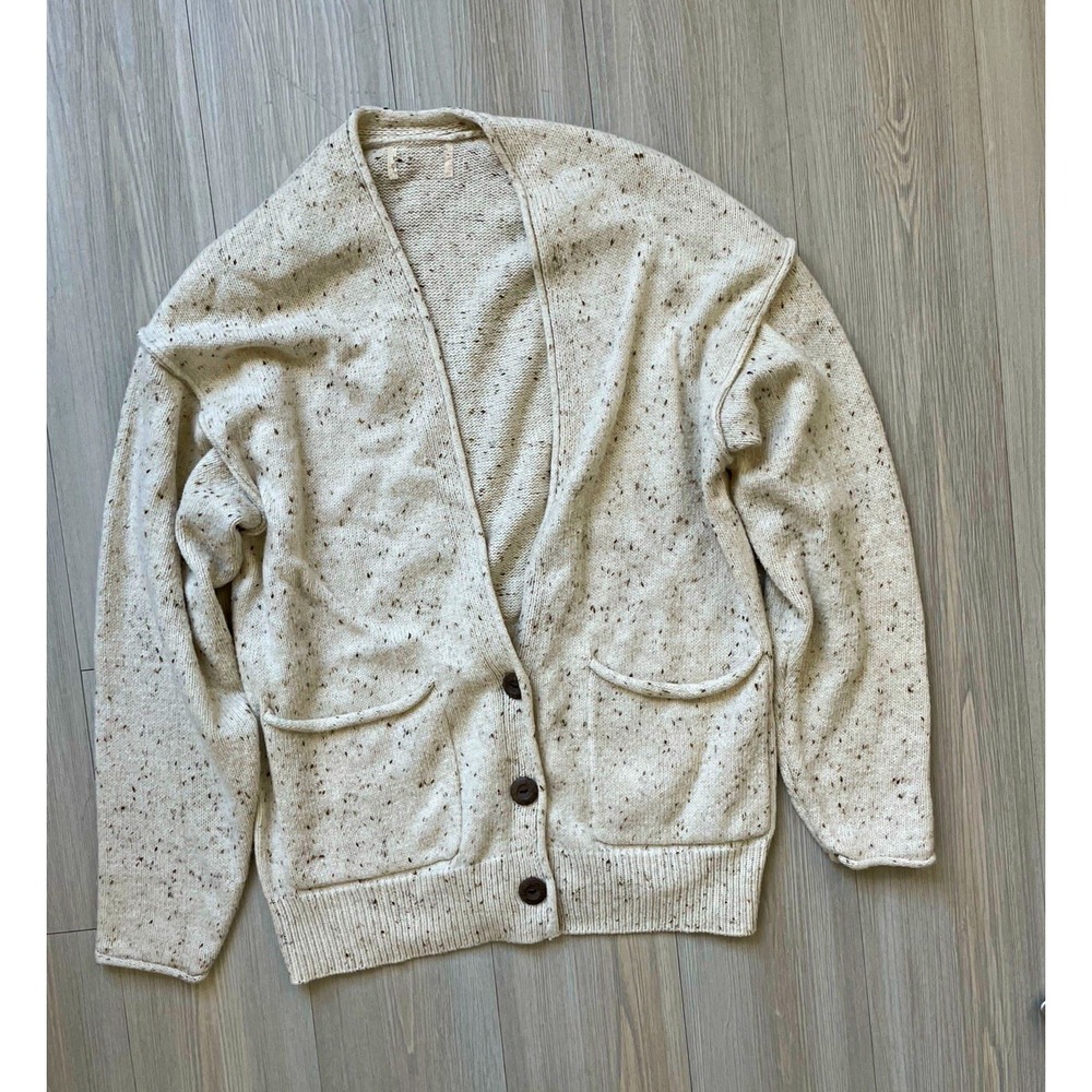 Women's Beige Speckled Knit V-Neck Button Front Cardigan Sweater Sz M Pockets